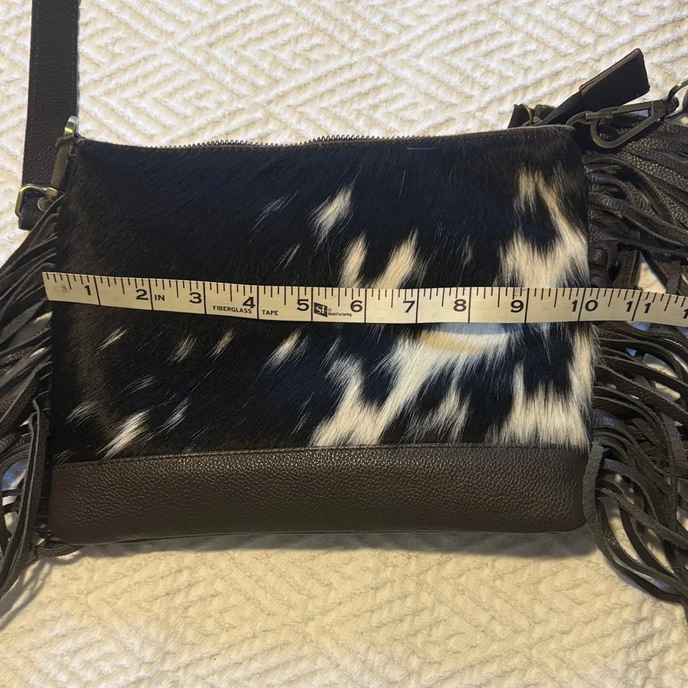 Brown& White Fringe Cowhide Crossbody Bag with Tassel - Picture 10 of 11